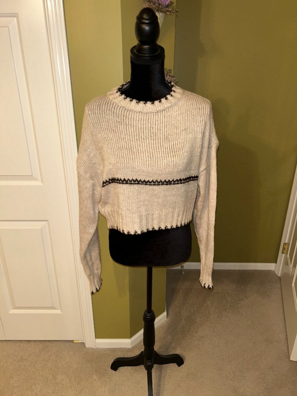 Cream Knitted Cropped Crewneck Sweater with Black Trim